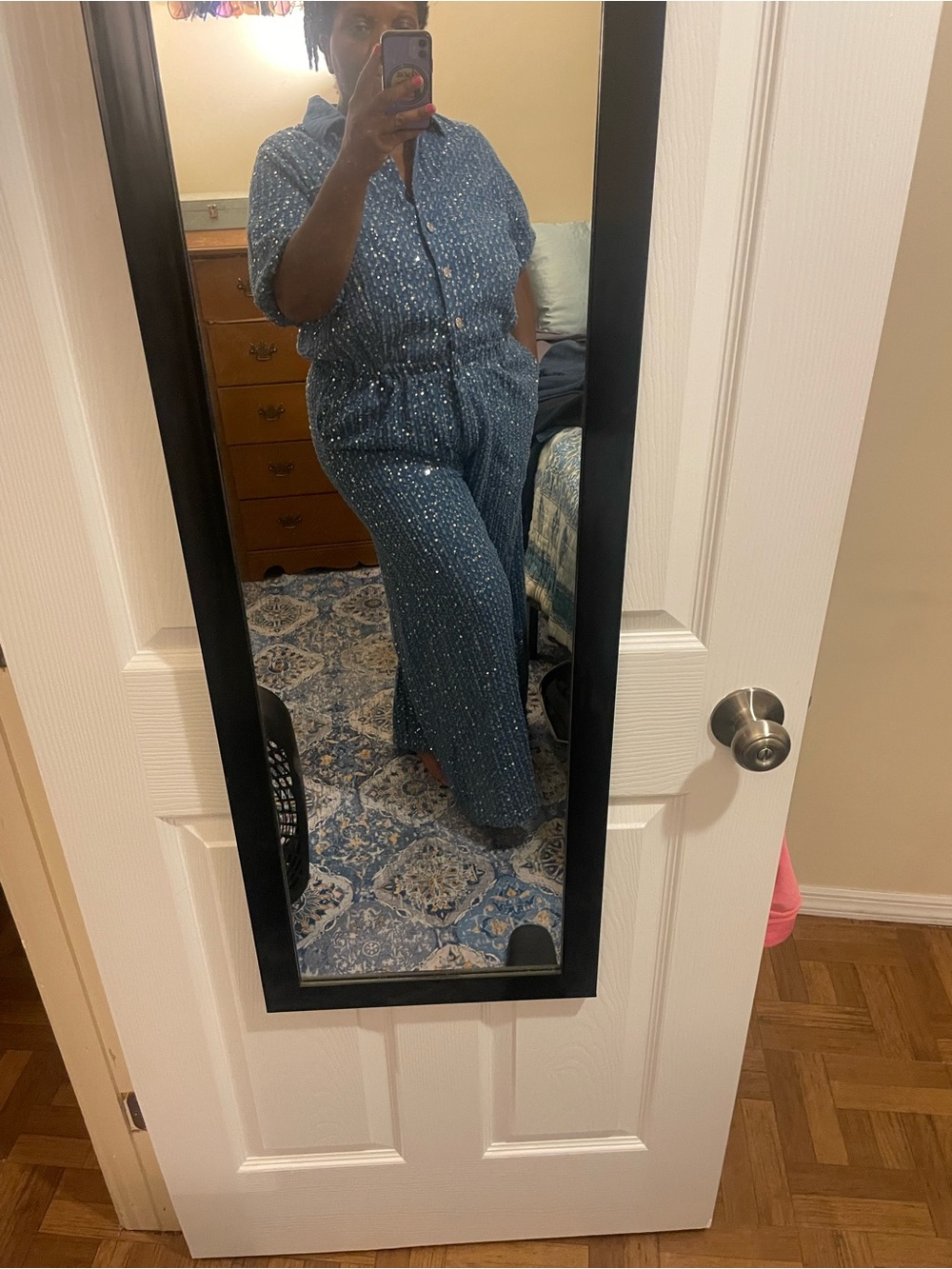 Blue Denim Sequin Wide-leg Jumpsuit